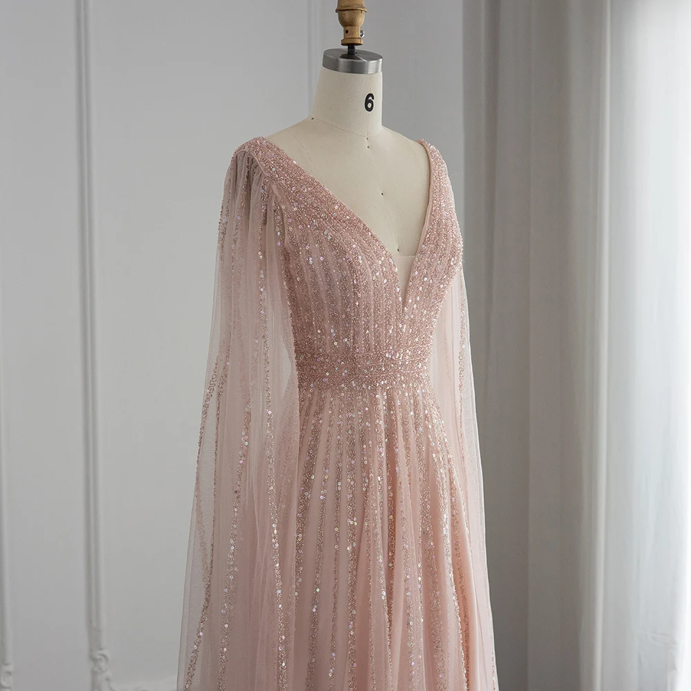 Sharon Said Luxuriöse Champagner-Abendkleider mit Cape-Ärmeln, Arabisches Grün-Nude Ballkleid für Damen, Hochzeitsfeier SS322 Maßanfertigung – Detail 23