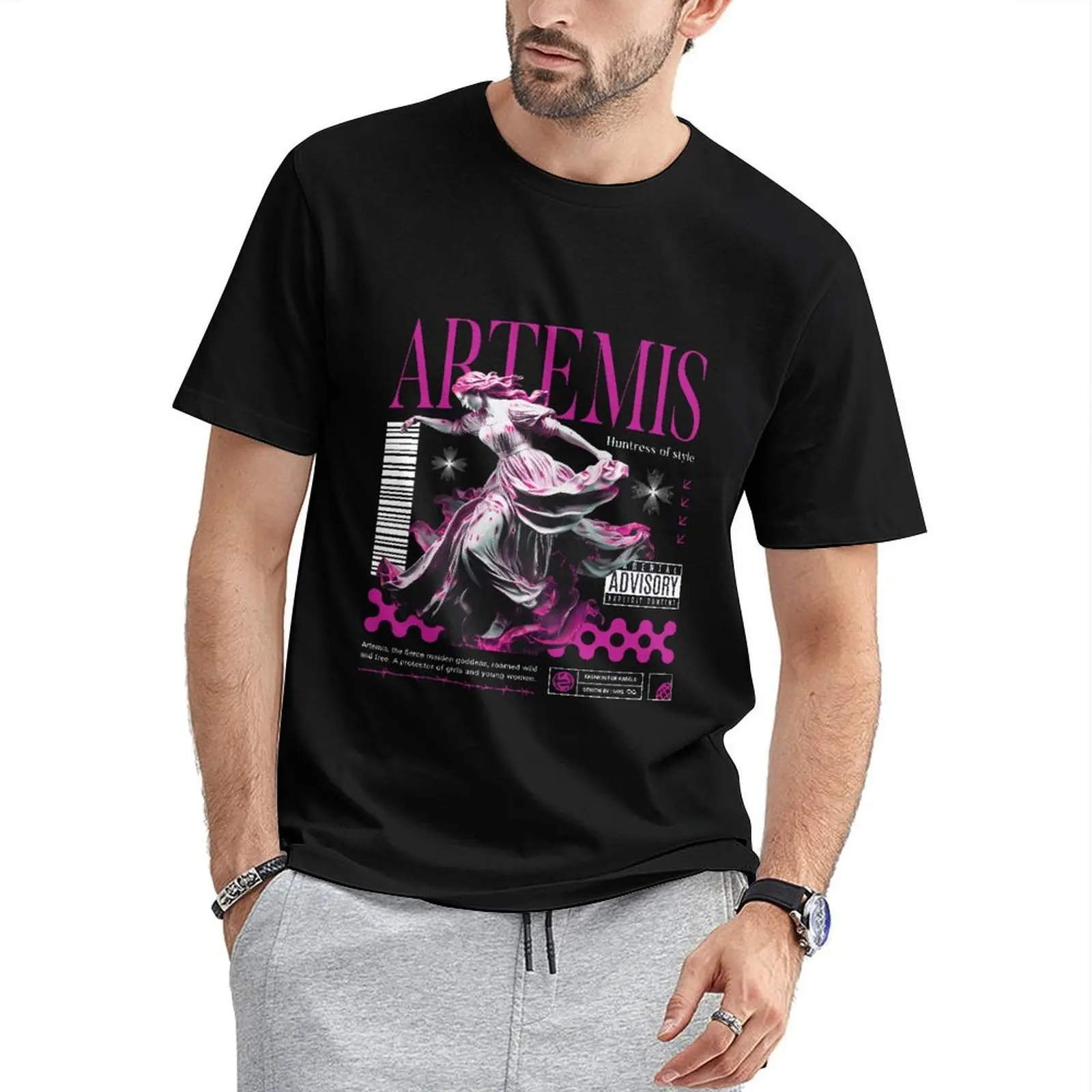 Unisex Greek Goddess Graphic Tee Artemis Mythology Black T Shirt Vintage Streetwear Dark Fantasy Print Y2K Casual Short Sleeve Top
