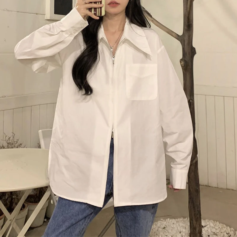 spring autumn new Solid color fashion Long Sleeve shirt women Turn-down Collar zipper patchwork Cardigan pocket All-match tops