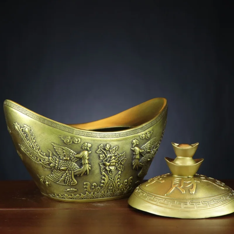 Brass Ingot-Shaped Piggy Bank Ornament, Featuring Dragon And Phoenix Motifs, With A Lid, Suitable For Jewelry Boxes, Home Decor,