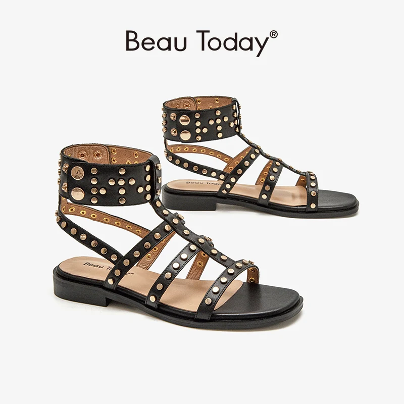 

BeauToday Gladiator Sandals Women Leather Shoes Rivet Ankle Buckle Strap Roman Casual Handmade Flat Summer Ladies Shoes 07113