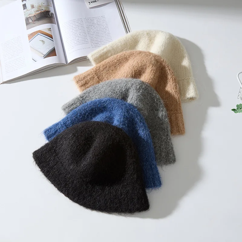 Alpaca Blend Knit Bucket Hat Soft Fuzzy Winter Beanie Warm Cloche Hat for Women
