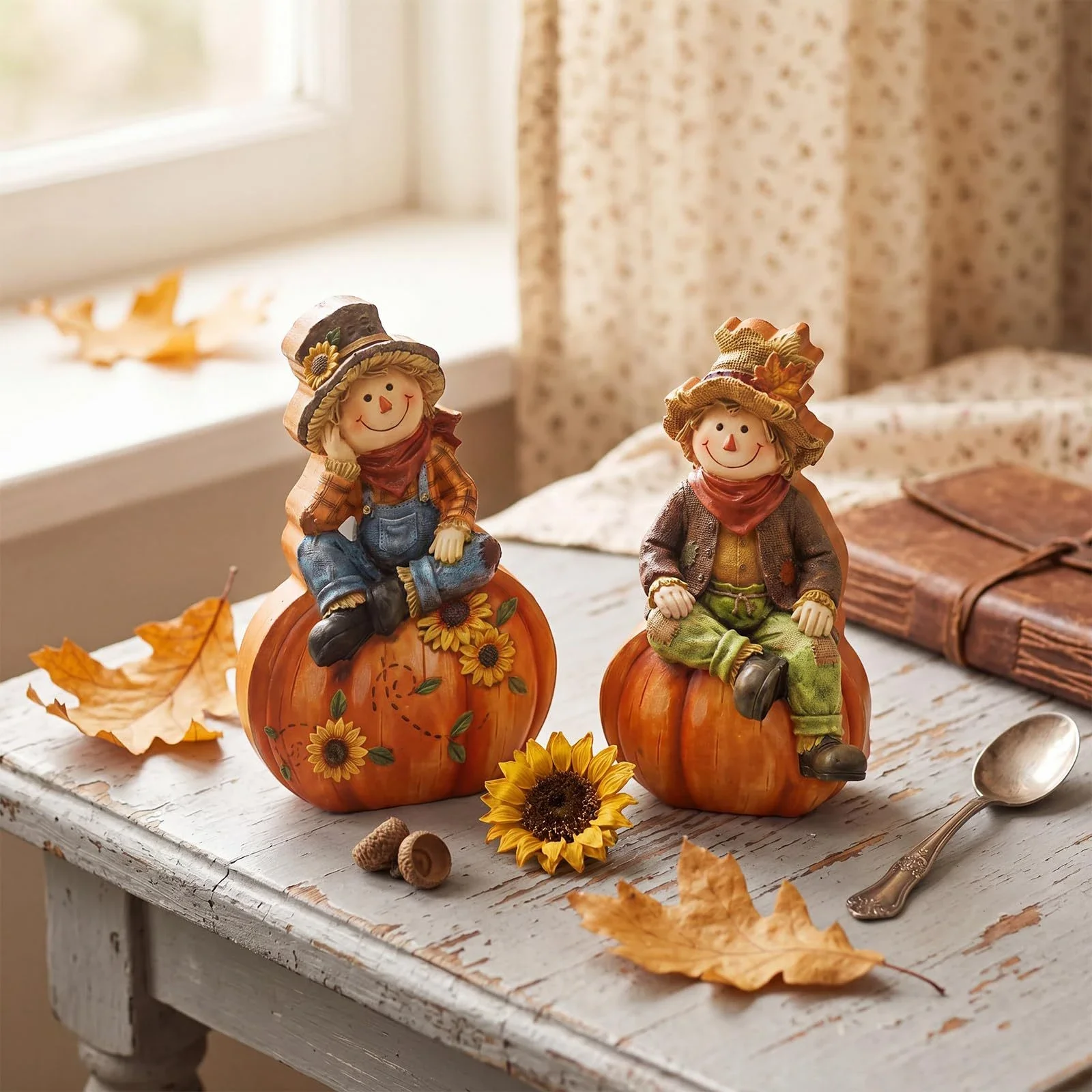 Herbstliche Erntedekoration: Kürbis-Vogelscheuche, 2-teiliges Set, Thanksgiving-Sonnenblume, Ahornblatt, Heim- und Schreibtischdekoration – Detail 5