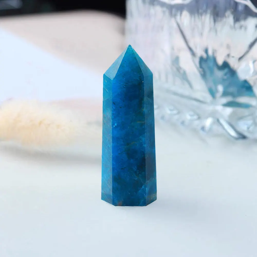 

1Pc Natural Healing Crystal Blue Apatite Single Point Wand Reiki Polished Gemstone Hexagonal Obelisk Column Home Desk Decoration