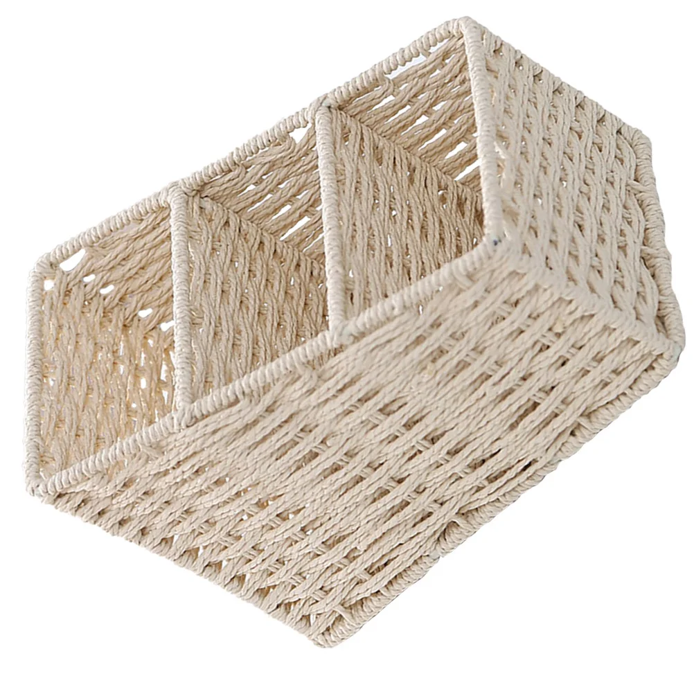 

Three Grids Desktop Storage Box Trapezoidal Design Simulated Hand-Woven Basket for Home Office Organization Storage Holder