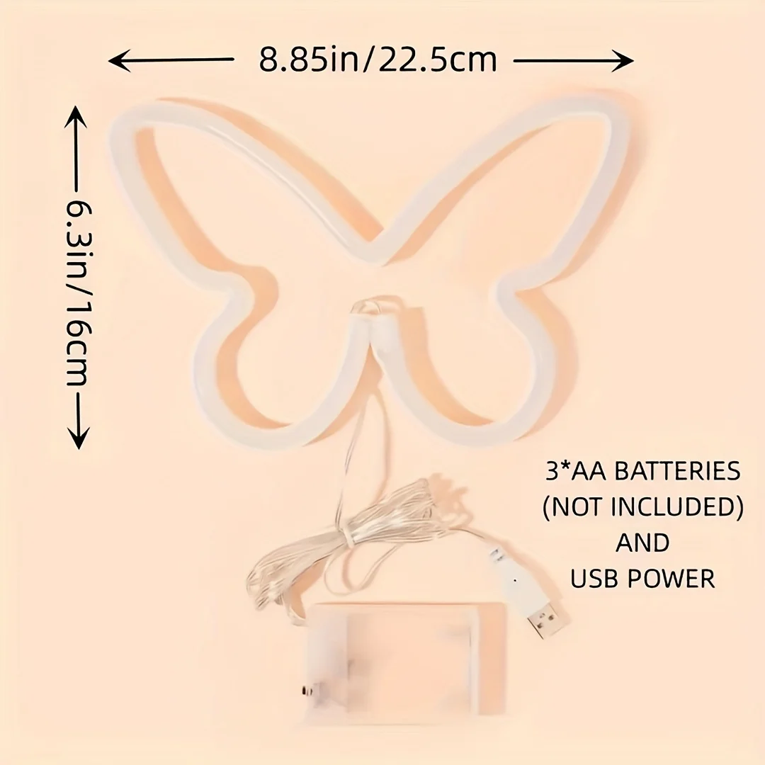 1 Piece, Flying Butterfly Shaped Led Neon Light, Suitable for Room Wall Decoration, Parties, Restaurants, Proposal and Confession, USB or Battery Powered (Battery Not Included)