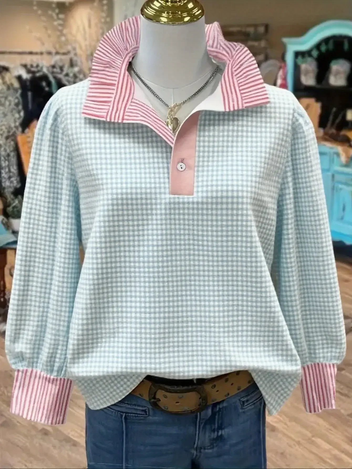 Women's Spring and Autumn Winter Collection Women's Stand up Collar Shirt Long Sleeve, New Printed Pattern, Autumn