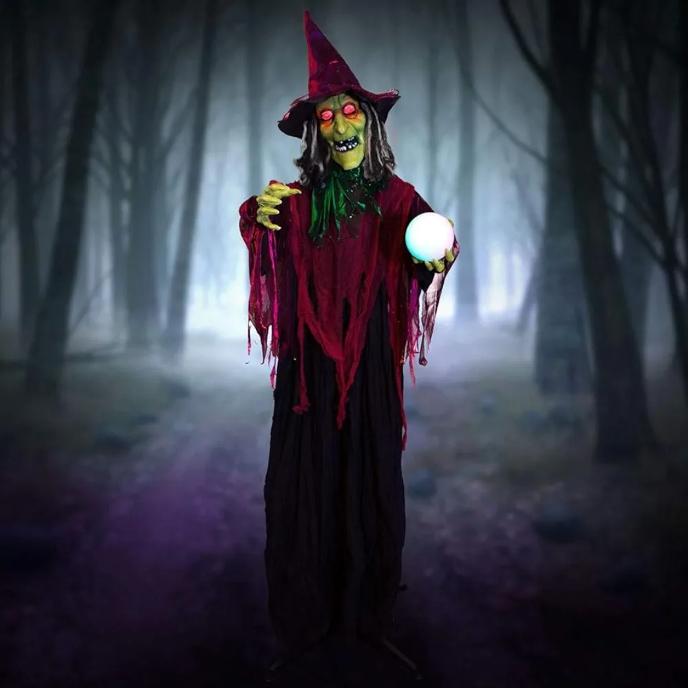 Halloween Animatronic Fortune-Telling Witch - 5ft 5in Tall Animated Fortune Telling Witch Crystal Ball Prop Halloween Decoration