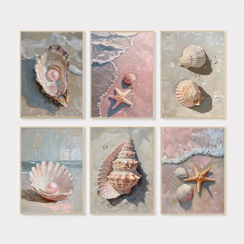 Teen Pink Summer Beach and Coast-Themed Poster; Modern Seashell, Pearl, Starfish, Conch Shell Canvas Art; Home Living Room Decor