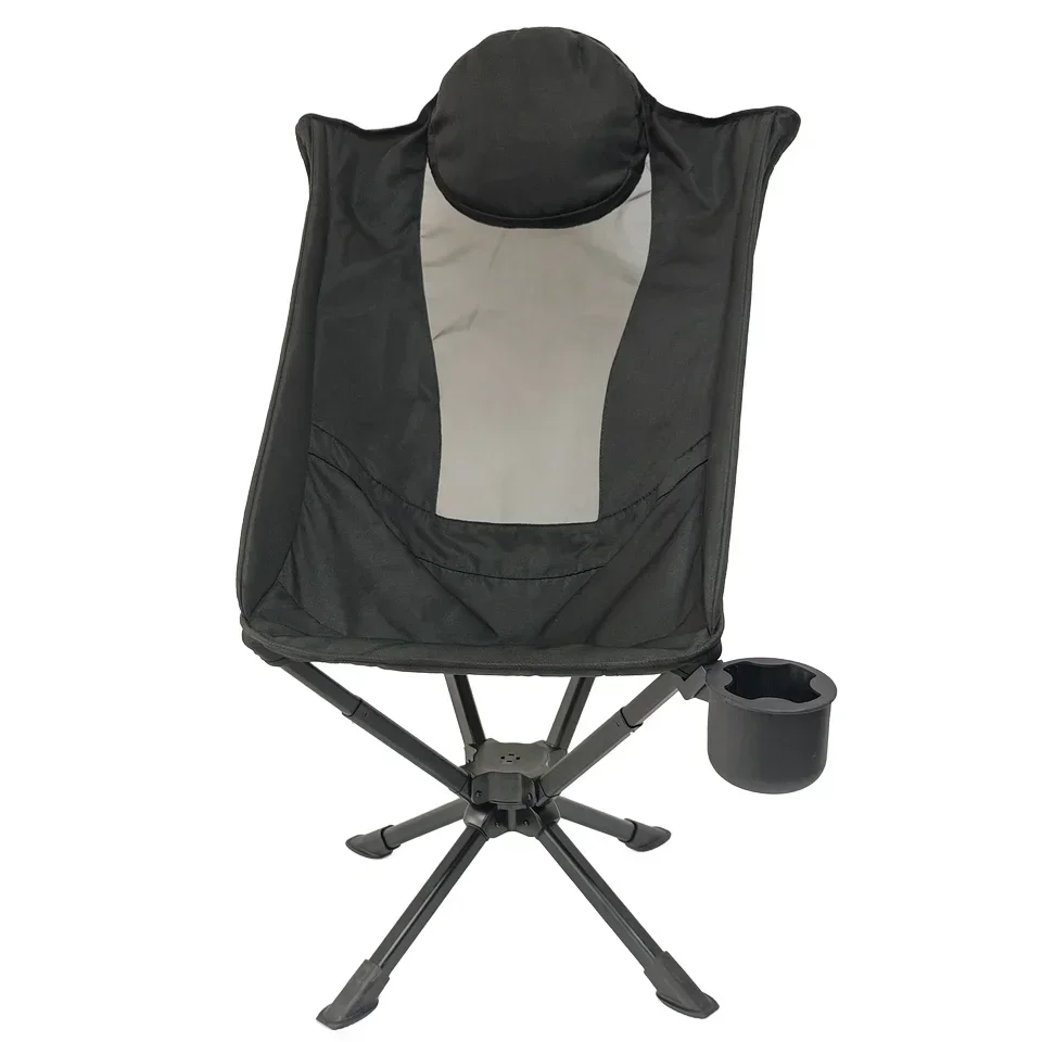 High Back Swivel Folding Chair Outdoor Camping Aluminum Alloy Modern Design with Silicone Cup Holder and Pillow for Beach Use