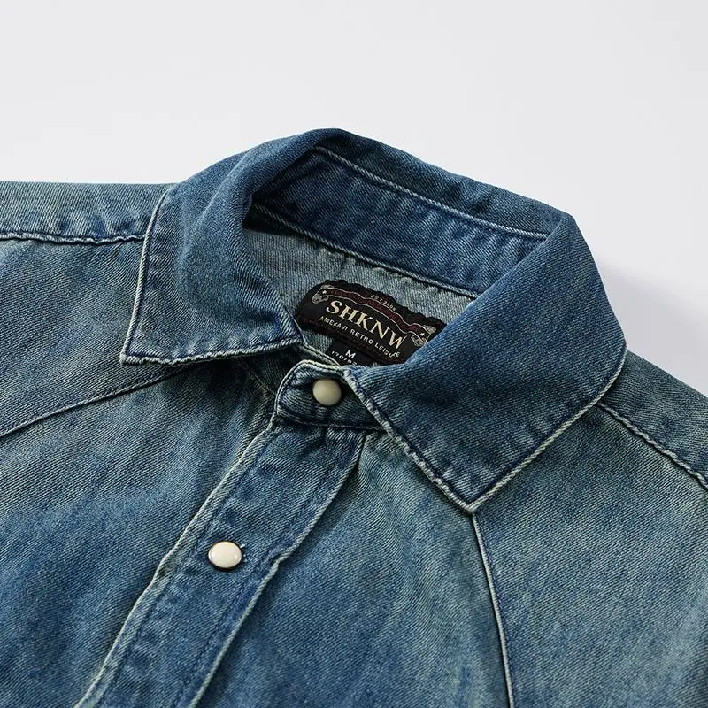 خمر قميص دينيم قصير الأكمام عادية فضفاضة تناسب الصيف جديد عصري العلامة التجارية ملابس العمل جان الشباب Sle واحدة الصدر قمصان دينيم