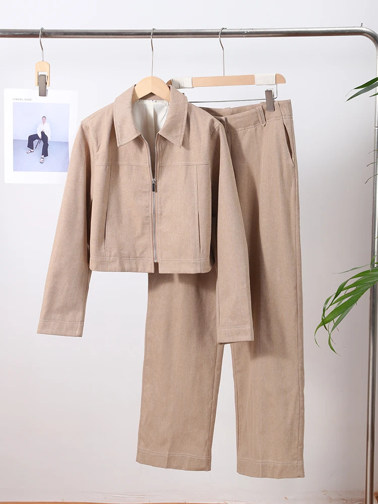 

2025 весенне-осенний женский комплект из 2 предметов, повседневная куртка и брюки, женские укороченные брюки на пуговицах с длинными рукавами и молнией, плиссированные прямые брюки