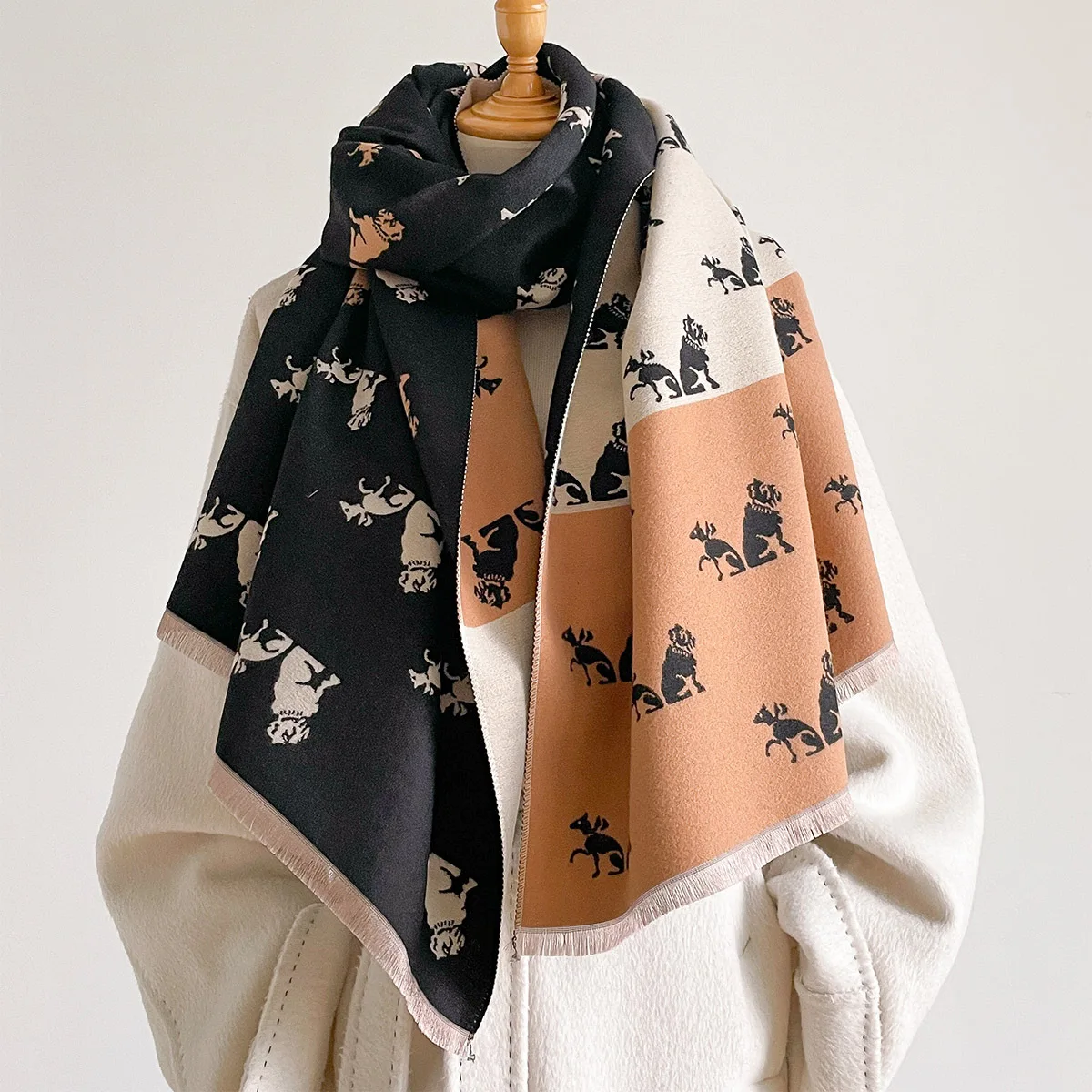 Women Imitation Cashmere Scarf Fringed Thick Warm Shawl Reversible Winter Cute Dog Print Scarf Pashmina Large Blanket Wrap