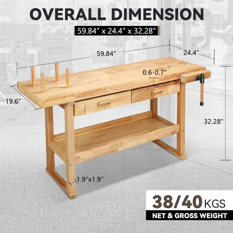 Workenches Rubberwood Work Bench with 2 Drawers and Adjustable Rotating Handles for Garage, Workshop, Home and Office