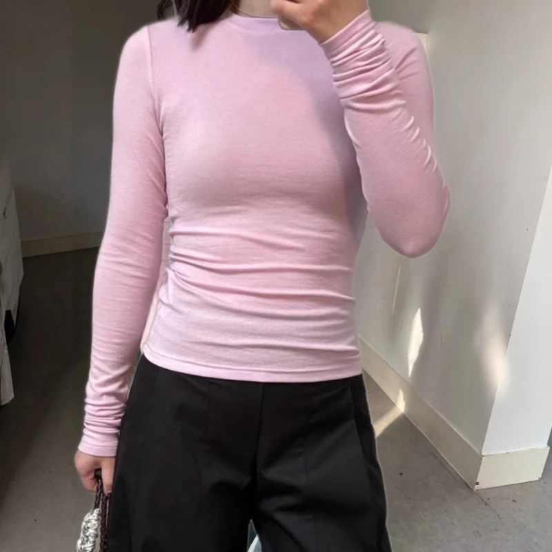 

2026 Spring/Summer New Hot Selling Soft Sticky Pink Round Neck Slimming Long Sleeve Bottom Shirt for Women