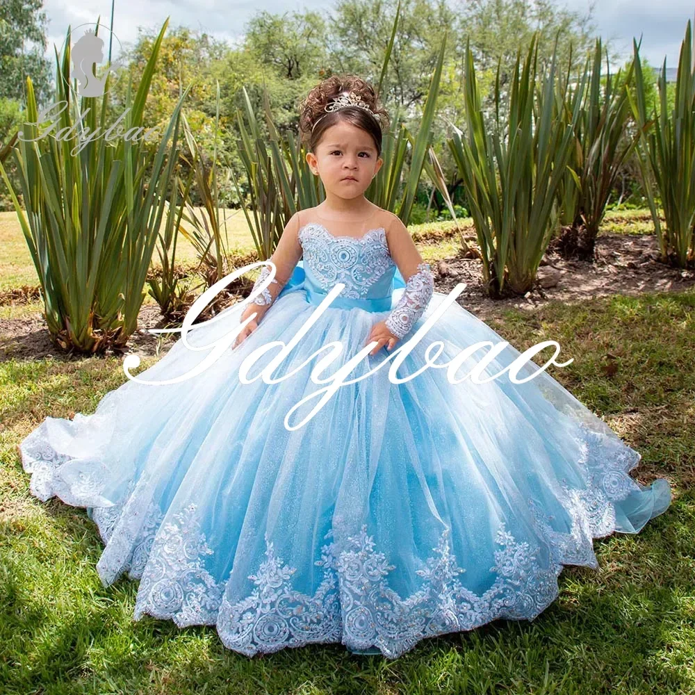 Himmelblaue Blumen mädchen kleider Kleinkinder Spitze Tüll Prinzessin Festzug Kleid funkelnde Langarm Kommunion Hochzeits feier Ballkleid