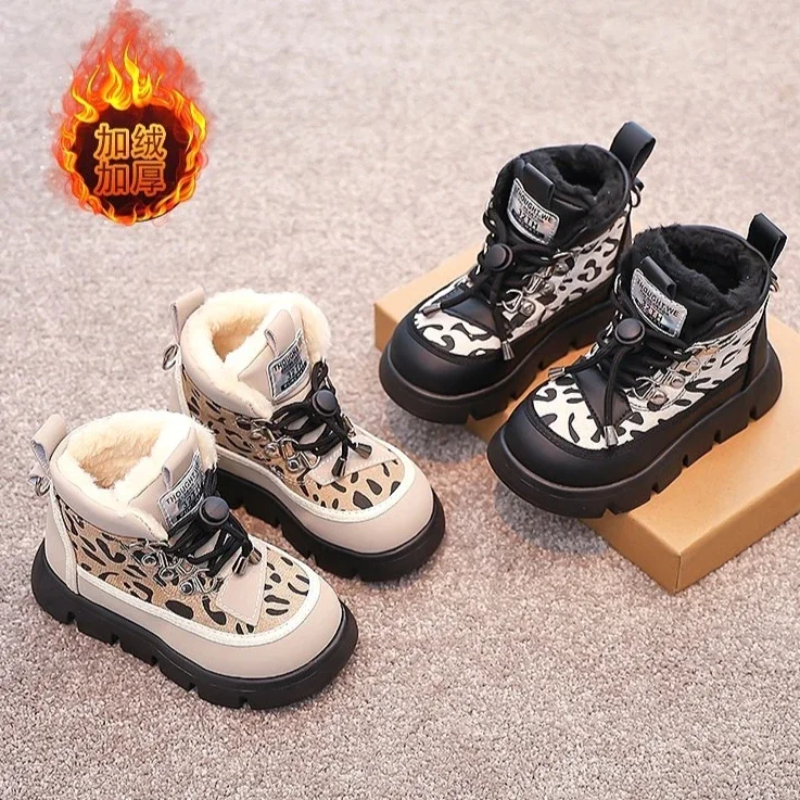 

Girls Winter Fur Warm Snow Boots 2025 Fashion Leopard Print Design Non-Slip Thick Sole Kids Cotton Boots Childrens Casual Shoes