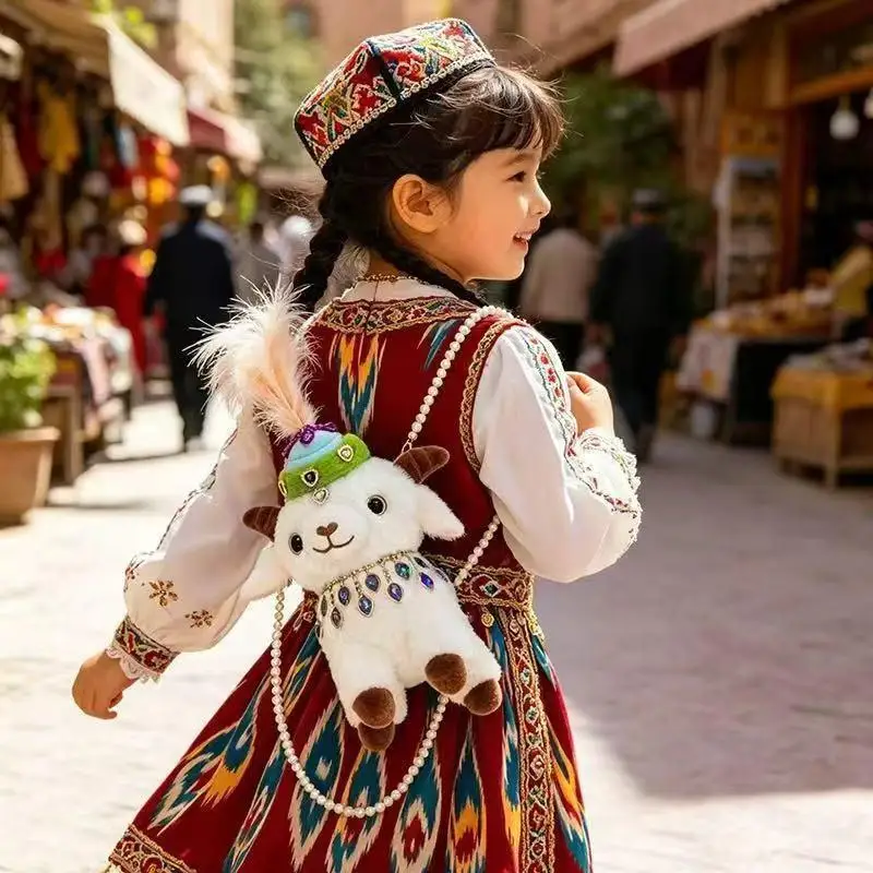 Soft Fluffy Ethnic Style Kids Lamb Backpack Plush Fabric Pearl Strap for Kids Weekend Outing Use