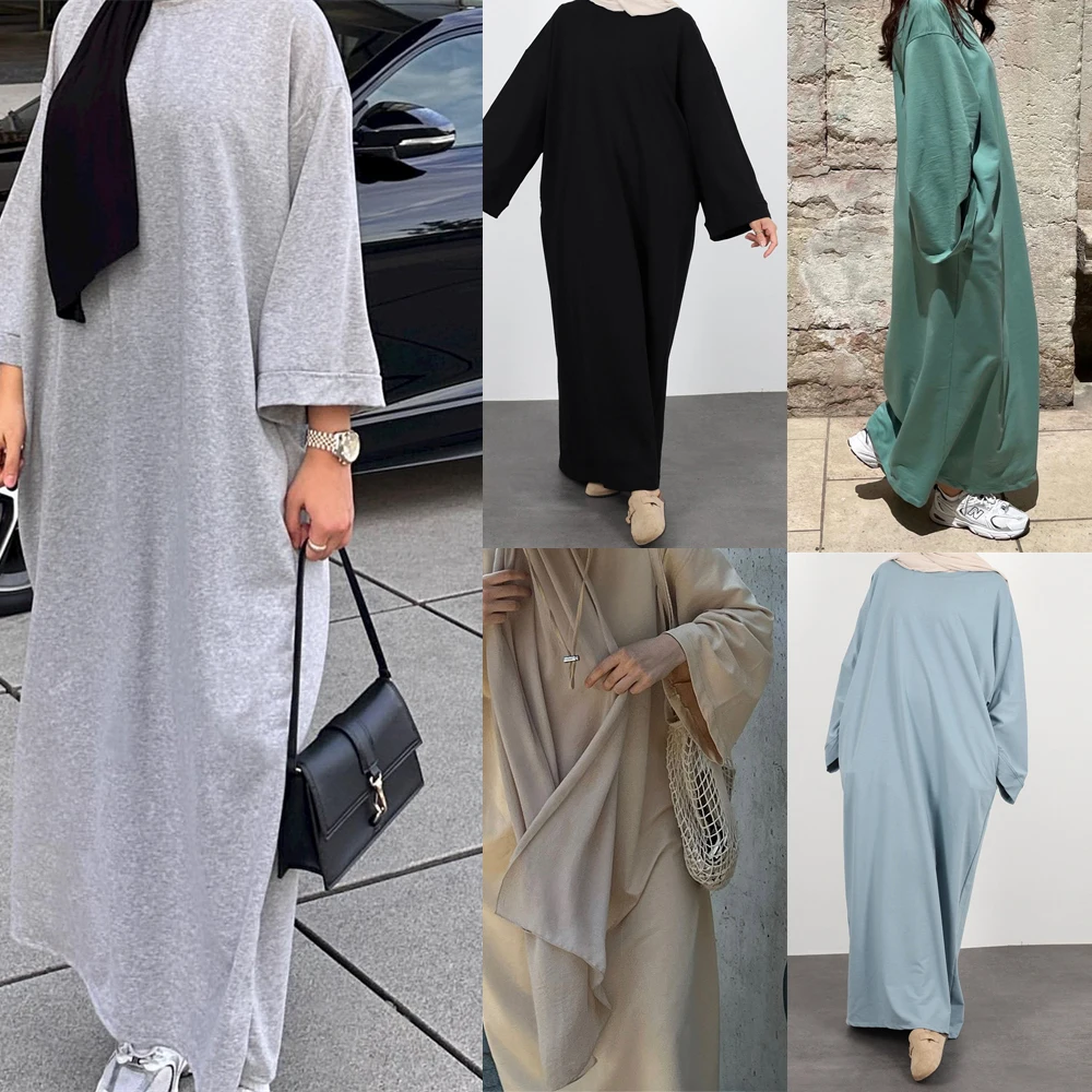 

Loose Long Sweatshirt Dress for Women Sporty Abaya Muslim Solid Dubai Turkey Islamic Clothing Casual Hijab Robe Ramadan Eid