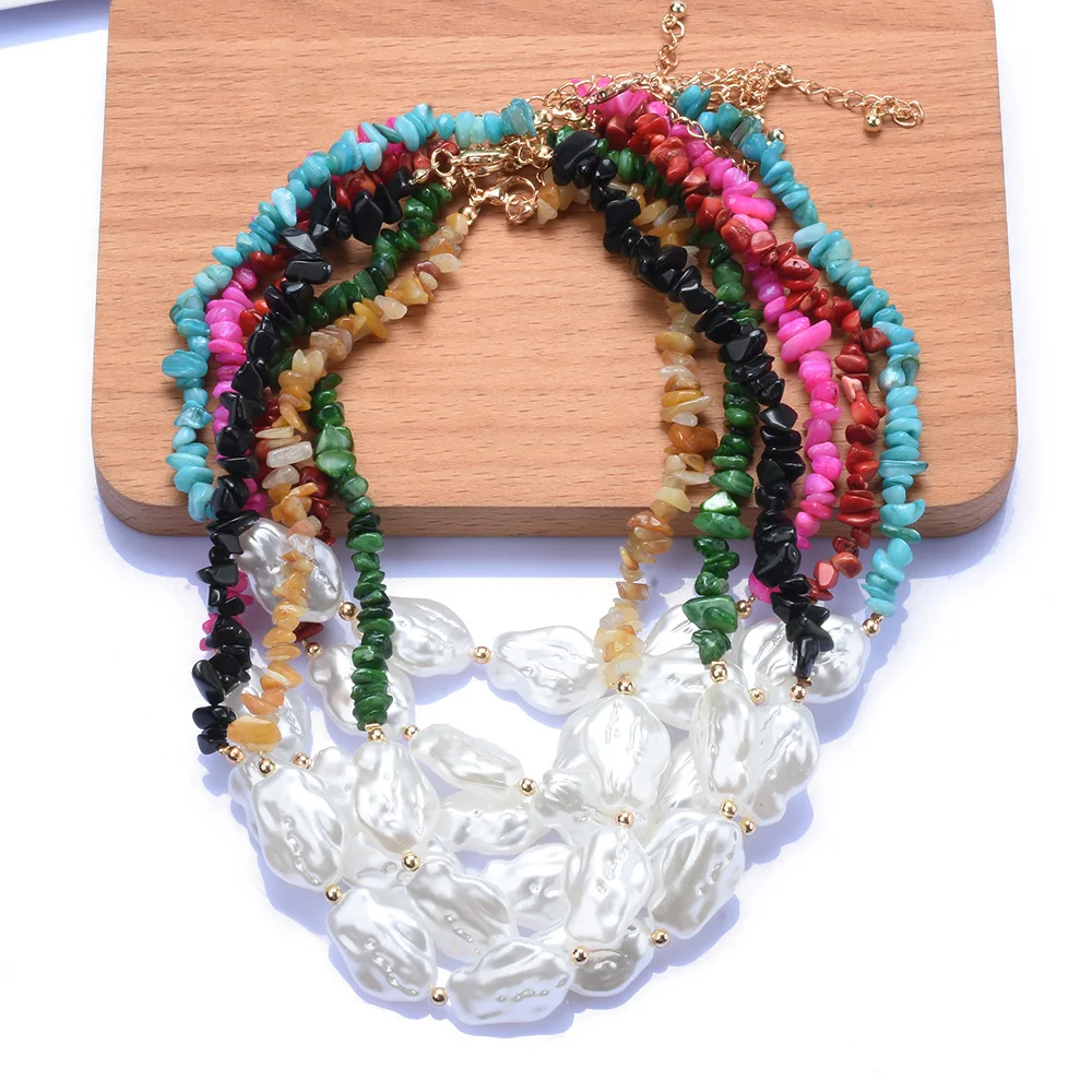 Fashion Multicolor Irregular Stone Faux Pearls Handmade Chokers Necklaces Women Bohemian Ethnic Statement Large Collar Necklace