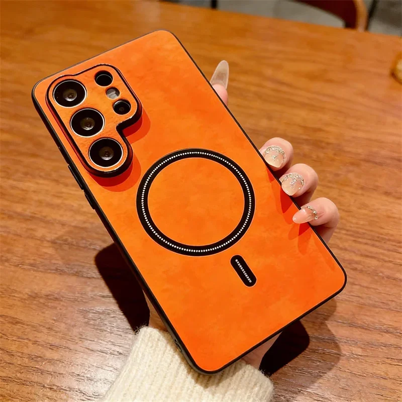 Silky Feel Leather Phone Cases For Samsung S26 S25 S24 Ultra S23 S22 Plus S21 S26 Ultra FE For Magsafe Magnetic Protection Cover
