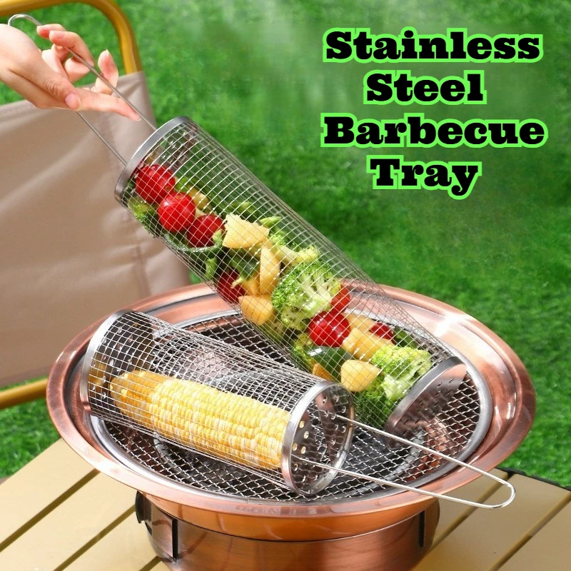 

Stainless Steel Rotating BBQ Grill Basket Multi Functional Outdoor Cooking Tool Camping Backyard Beach Picnic Barbecue