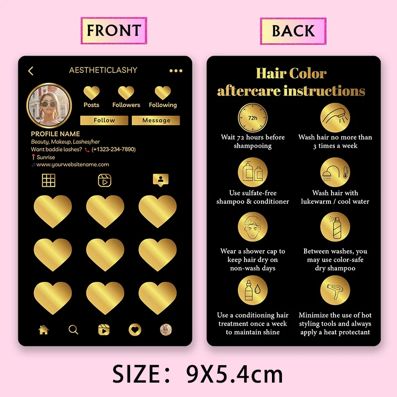 

Изготовленная на заказ карточка после ухода за волосами и карточка лояльности с современным розовым логотипом Socialmedia Инструкции по уходу за волосами Визитные карточки