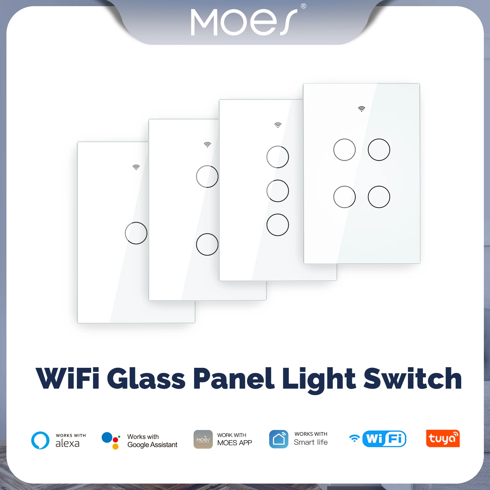 Interruptor de iluminación inteligente wifi de pared con panel de vidrio, Interruptor inalámbrico RF433 compatible con Smart Life, Tuya, Alexa y Google Home, de 1, 2 y 3 entradas