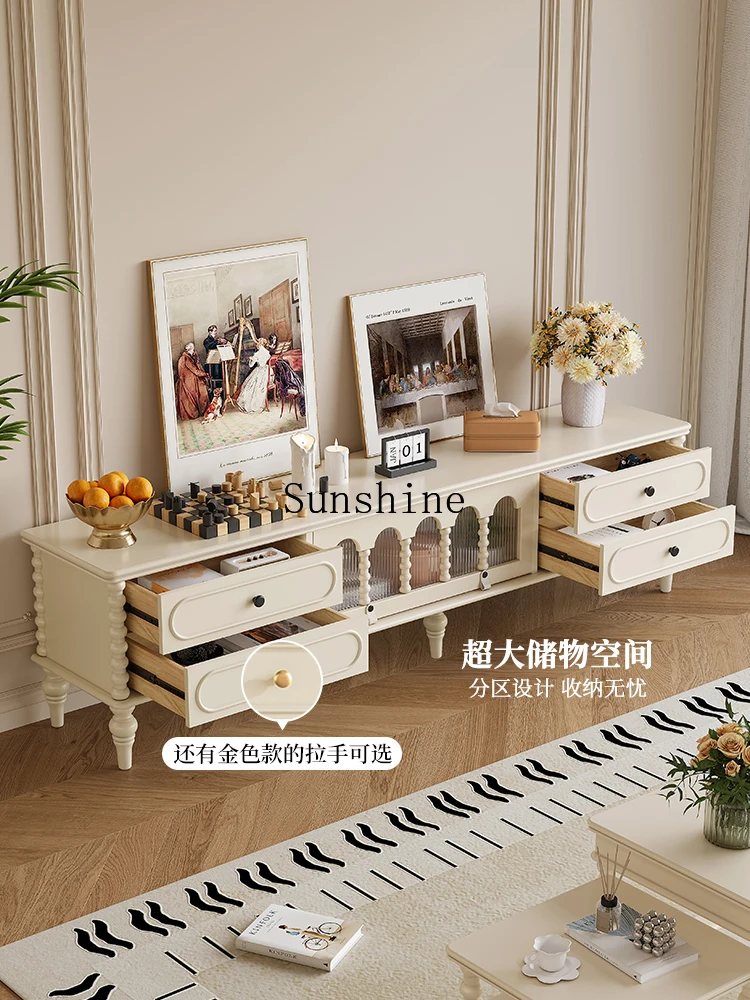 French cream style white solid wood TV small apartment living room home locker integratedP