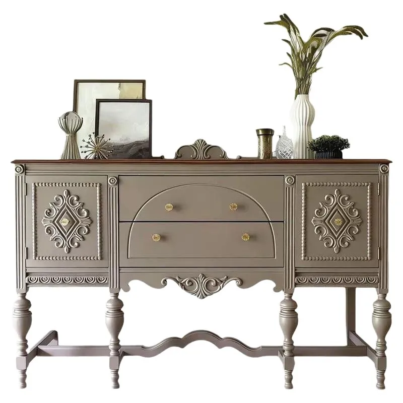American light luxury, solid wood living room decorative entrance cabinet, French retro, carved gray dining side cabinet
