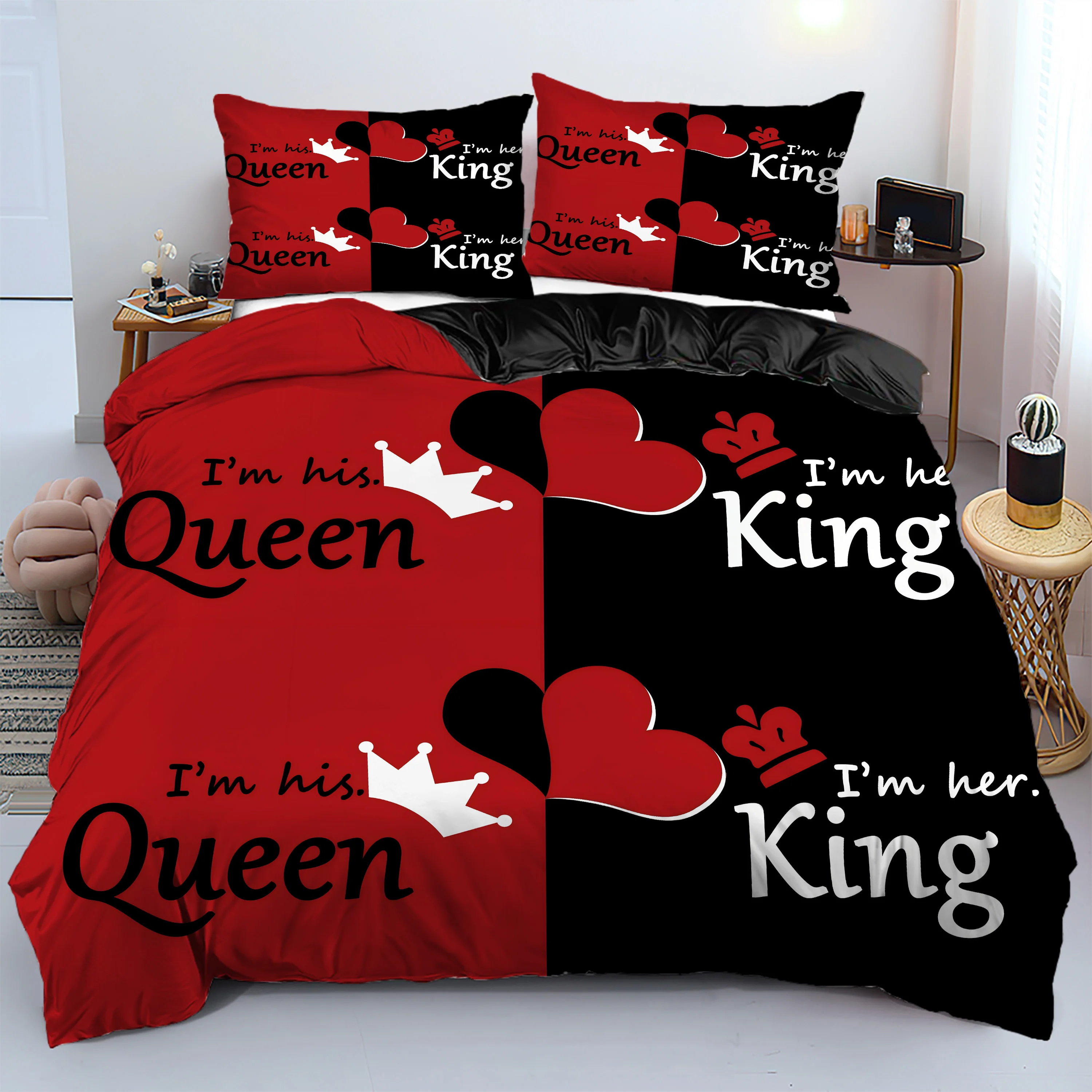 

King Queen's Pattern 3D Print Quilt Cover Black Red Color Match Bedding Set Soft Comfortable Home Textile Duvet Cover Pillowcase