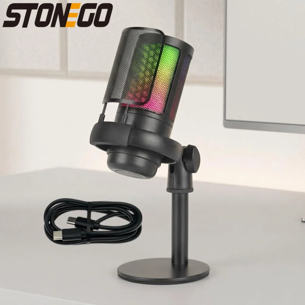 

Gaming USB Microphone for PC Streaming Podcast Condenser Mic with Pop Filter Quick Mute RGB Light Stand Mount
