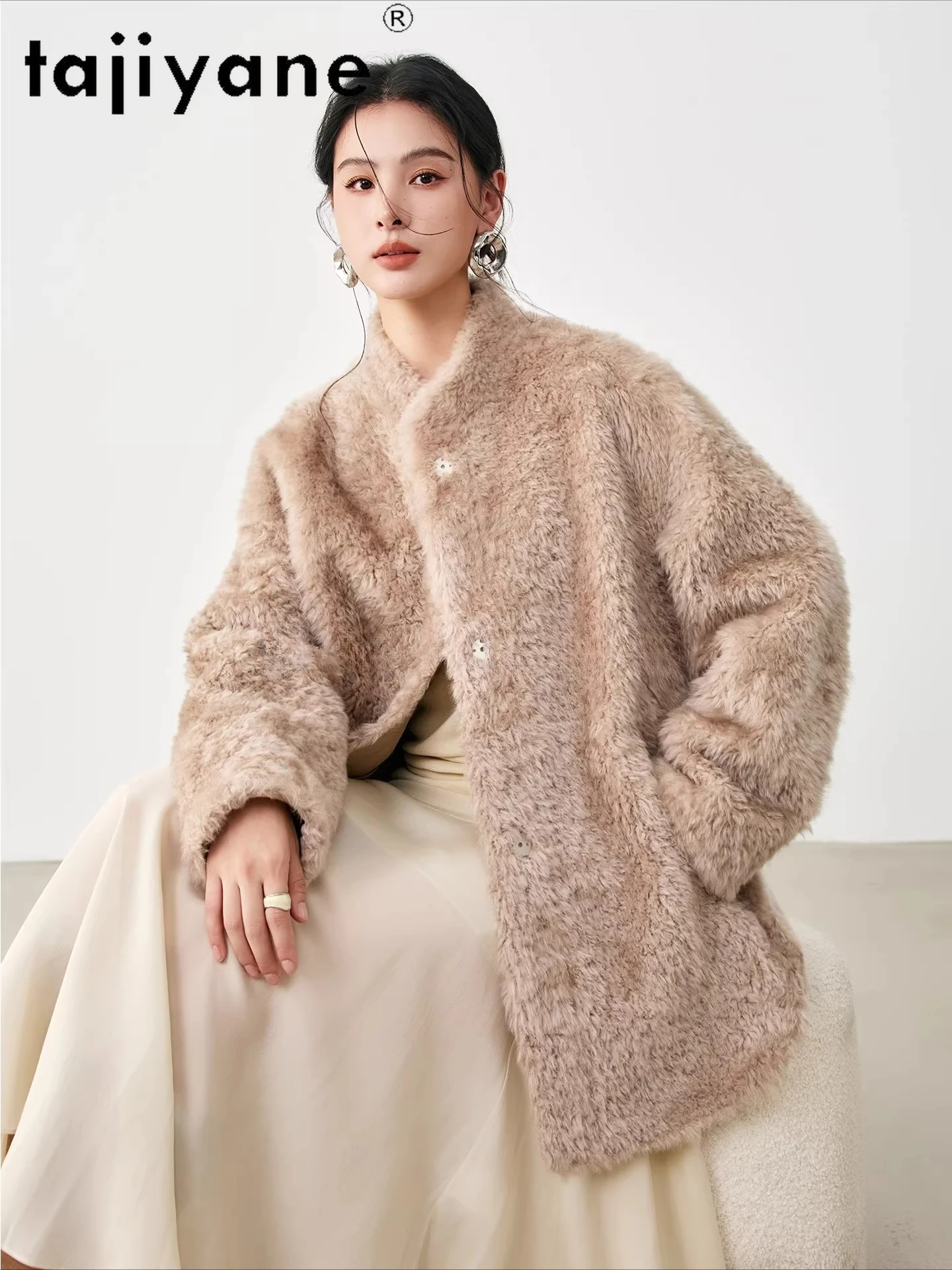 Tajiyane casacos de pele de carneiro natural com lã anexada, casaco de pele real de comprimento médio para mulheres, jaqueta quente de inverno 2025, roupas femininas шу omega