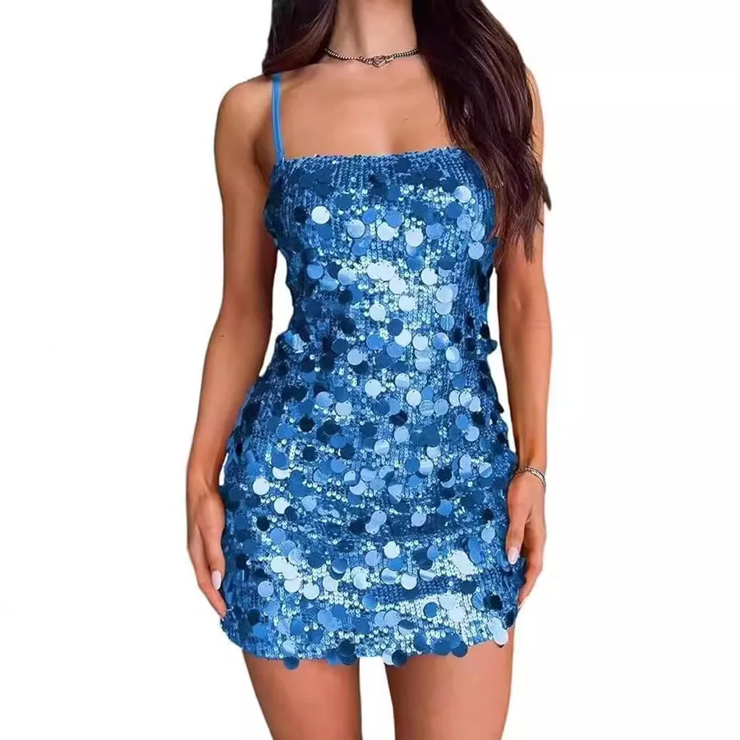 

Party Dresses Women Wrap Buttocks Square Collar Pullover Dress Y2k Streetwear Camisole Sexy Sequins Knee Length Vestidos Mini