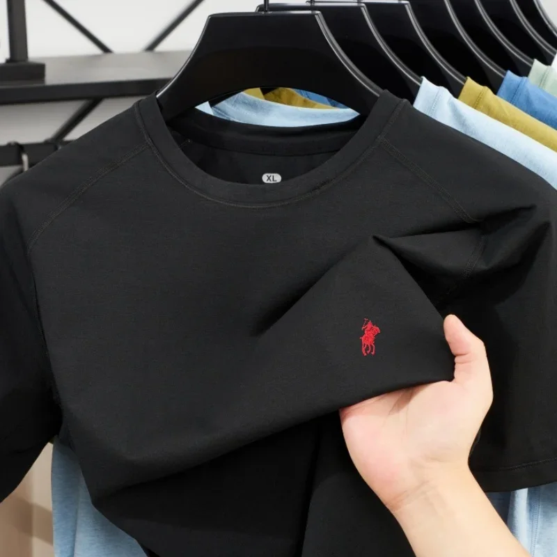 Summer Men's Ice Silk Shortsleeved Casual Sports Quick Drying Comfortable T-shirt Exquisite Embroidered Round Neck Top T-Shirts