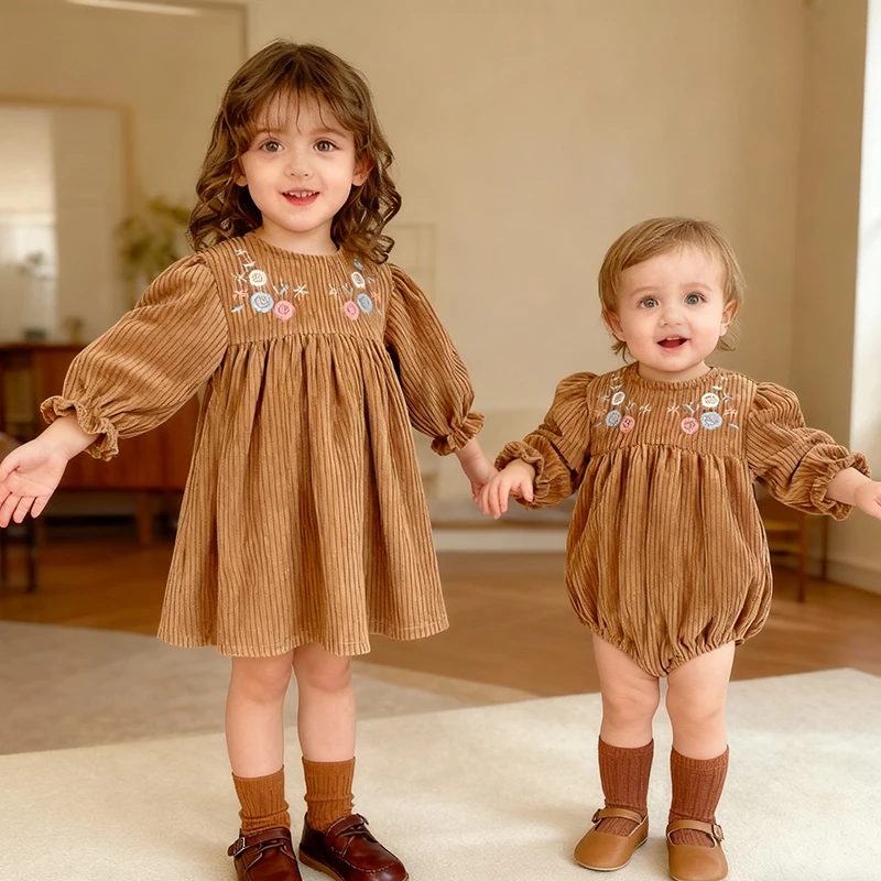 2025 New Autumn Sister Clothes 2-6Yrs Girl Party Dress Long Sleeve Corduroy Flower Embroidery Baby Romper Kids Princess Dresses