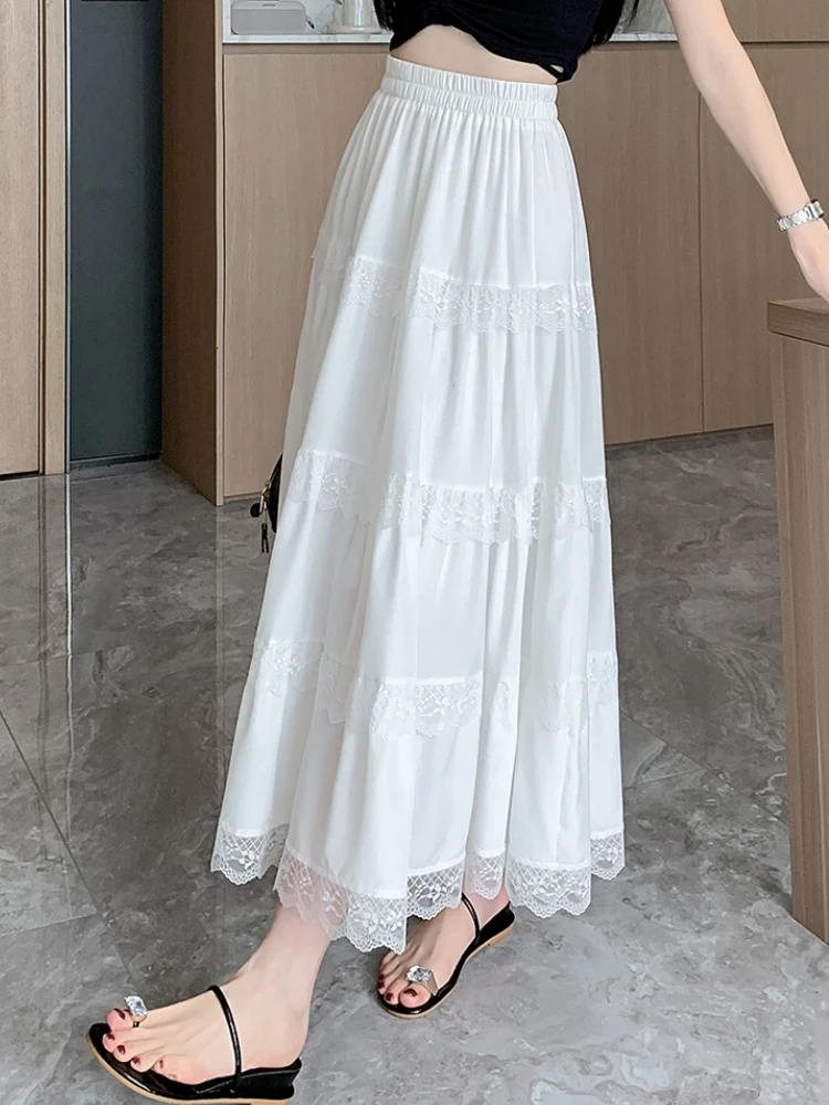 Midi Long Skirt Women White Skirt 2024 Mori Girl Style Sweet Crochet Lace Spring Summer High Waisted A-Line Pleated Skirts rok