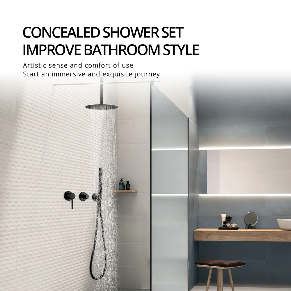 Ceiling Arm Gunmetal Shower Faucet 8-16'' Rainfall Shower Set Bathroom Recessed Box Shower Tap  2 Ways Control Switch Shower Kit