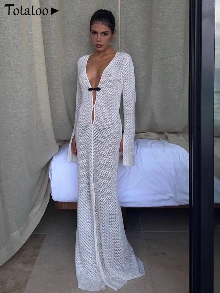 Totatoop Summer Beach Holiday Knitted Maxi Dress Women 2022 Deep V Neck Long Sleeve Hollow Out Corchet Beach Cover Up Long Dress