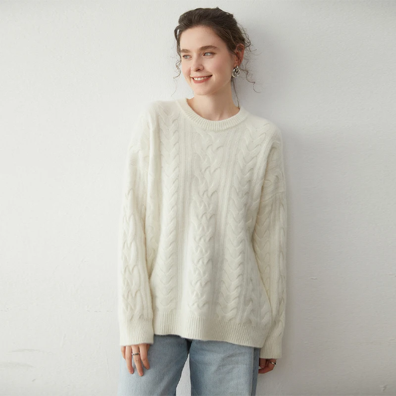 女性 100% カシミヤプルオーバーセーター O ネック長袖ツイストフラワープルオーバー秋冬ルーズヤギカシミヤニットウェアトップス