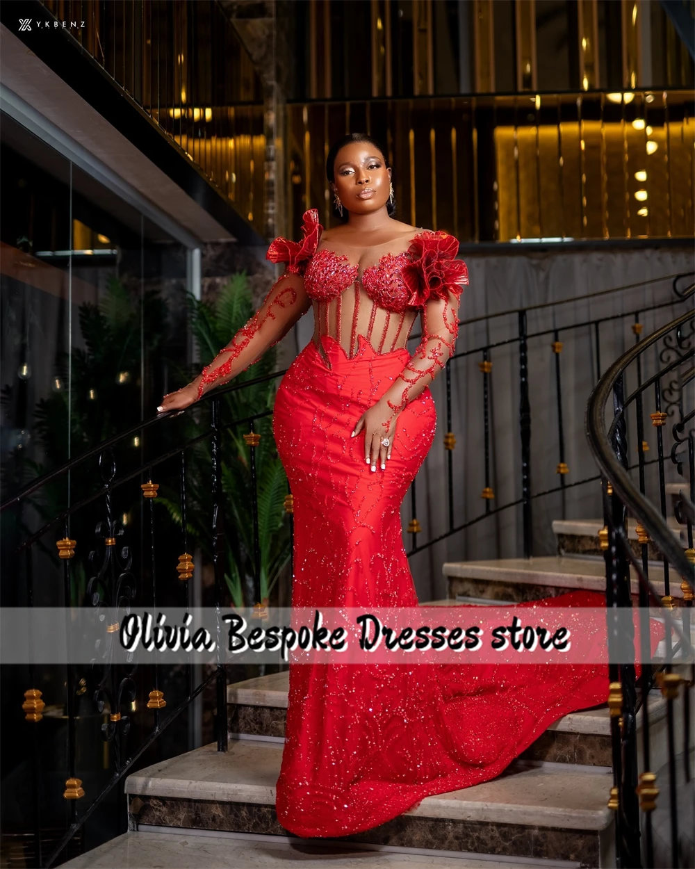 Vestidos de Noche elegantes de sirena roja Aso Ebi, vestido Formal africano de manga larga con cuentas y diamantes de imitación y hombros fruncidos para mujer personalizado