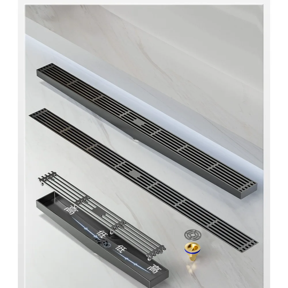 

5.5cm Wide Floor Drain 304 Stainless Steel Linear Shower Floor Drain with Brass Anti-Odor Core Gun Gray Bathroom Drainage