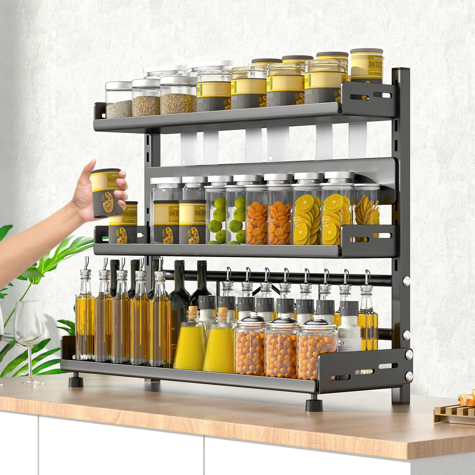 3 Tier Spice Storage Rack for Countertop Adjustable Spice Organization for Cabinet Kitchen Organizer Metal Shelf Black
