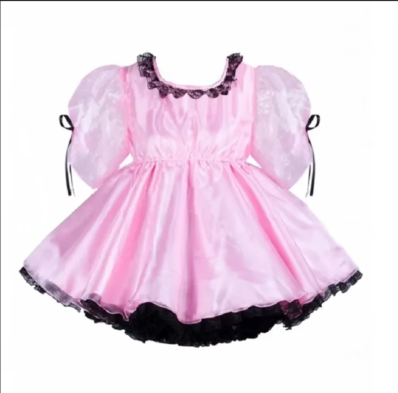 

Pink satin Gothic shoulder short sleeved organza dress lockable for adult sexy cross dressing Sissy Girl baby uniform role-playi