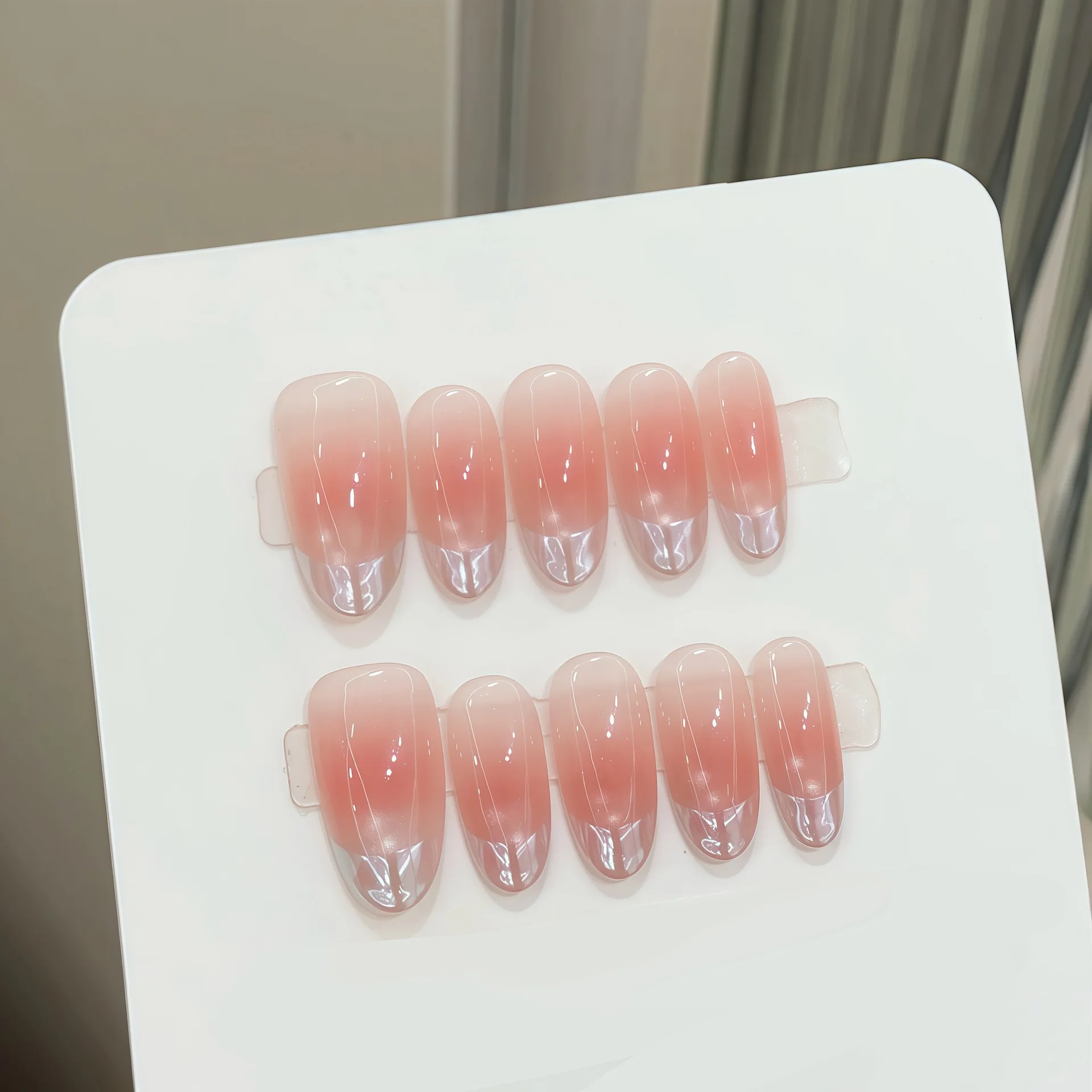Handmade Pink Nails Set Press on Cute Korean Medium-length Artifical Nails Full Cover Nail Tips with Design Adhesive False Nails