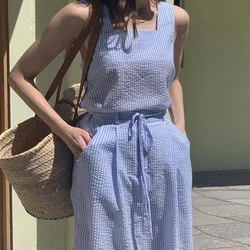 Square Collar Striped Sleeveless Cotton Tops Vest + Midi Skirt Set New In Matching Sets Fashion Two Piece Set For Women Outfits