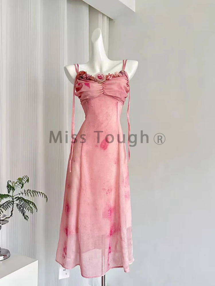 Elegant Pink Flower Lace-up Party Dress Women Sweet Y2k Sleeveless Slim Beach Dresses Fashion Chic Fairy Print Pleat Clothes New