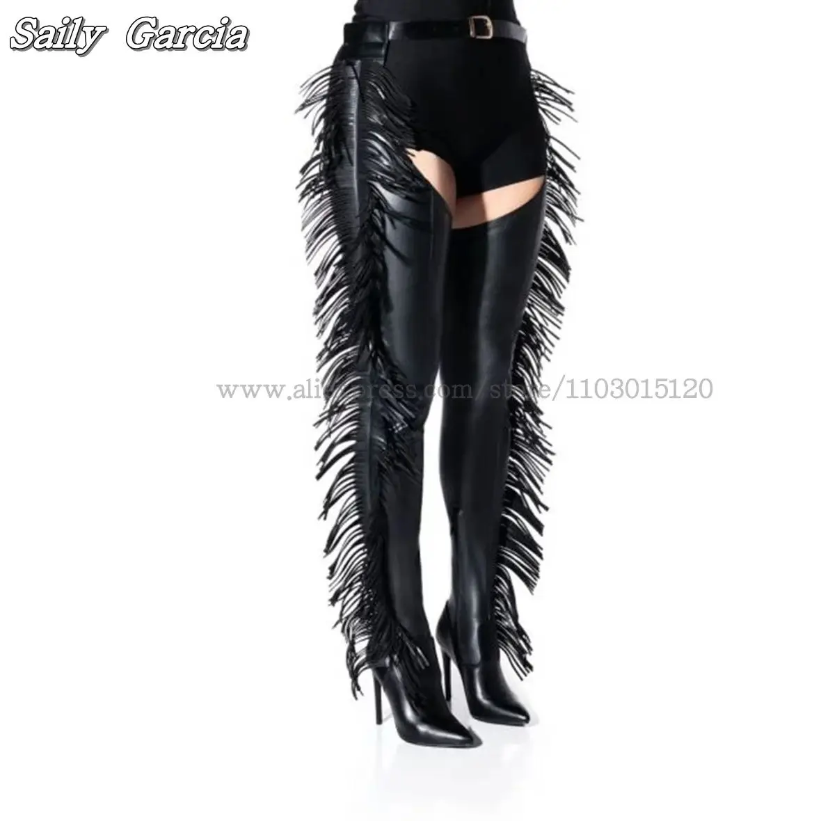 Patent Leather Fringe Inner Zipper Sexy Thigh-High Boots Black Belt Integrated High Heel Boots Poined Toe Catwalk Style Boots