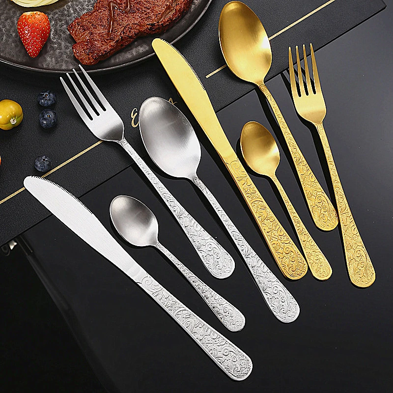 Stainless Steel Sanding Retro Tableware Flower Pattern Steak Knife Fork Dessert Spoon Teaspoon Western Cutlery Kitchen Utensils