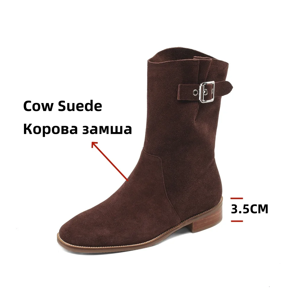 FEDONAS New Mid Calf Boots Women Cow Suede Western Boots Autumn Winter Half Boots Ladies Retro Belt Buckles Shoes Woman Boots